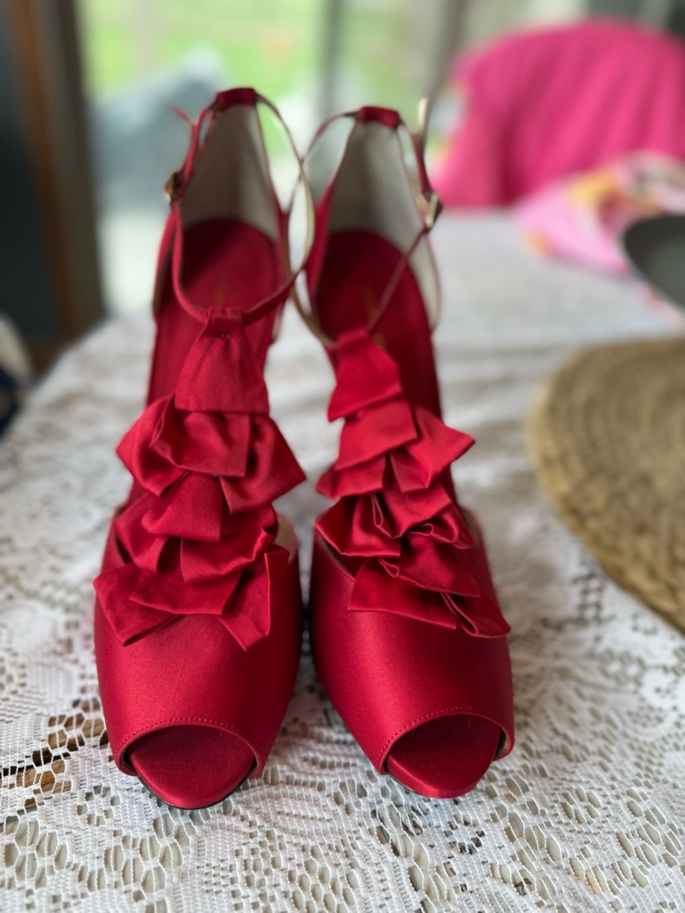 Audrey Brooke Red Satin Ruffle Heels Peep Toe Slingback Size 8.5